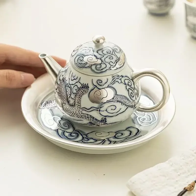160ML Longteng Four Seas Beauty Point Teapot Hand-painted 999 Silver Light Luxury Brewing Teapot High-end Tea Set Kung Fu TeaPot