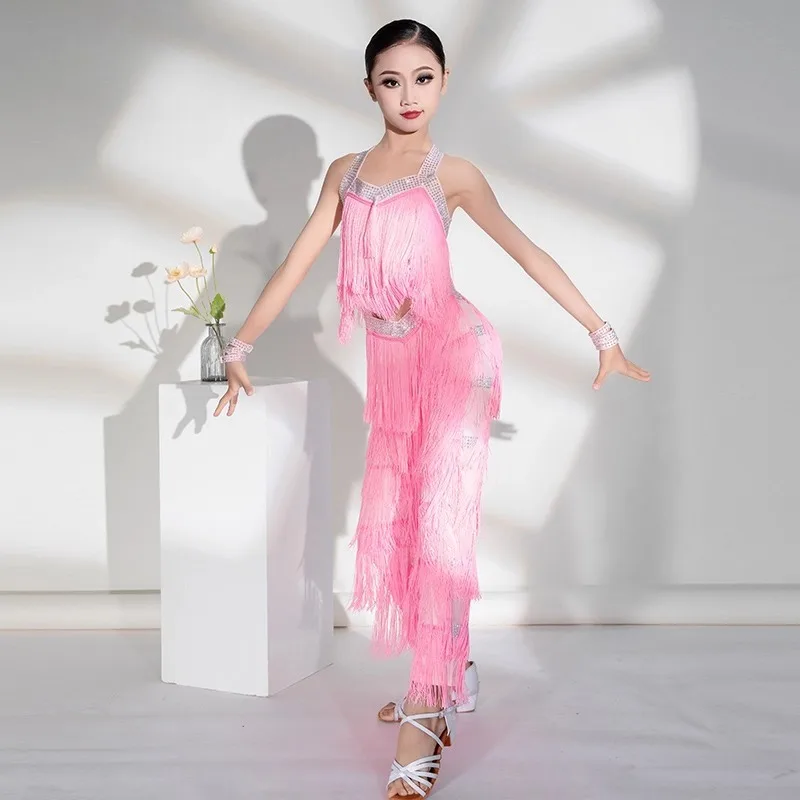 Customized Latin Dance Suit Girls Practice Performance Dress Top and Pants Tassel Set Ballroom Dance Competition Dresses Women