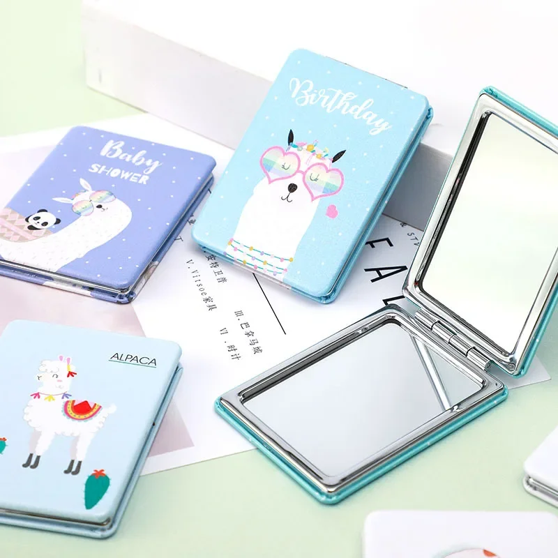 Korean Version Rectangular PU Leather Makeup Mirror Metal Makeup Mirror Double-sided Color Printing Women's Gift Small Mirror