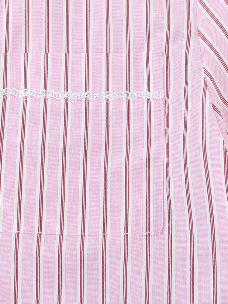 KUCLUT Damesmode met zak Roze gestreepte blouse met enkele rij knopen Vintage revershals met lange mouwen Vrouwelijke chique damesoverhemden