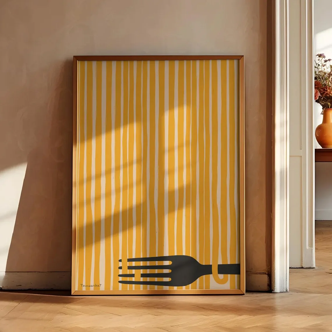 1pc, wall art, vintage poster, whimsical food ingredients yellow stripe print, hand-painted pasta canvas painting, kitchen de