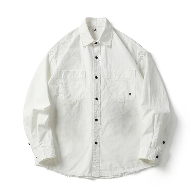 Kemeja Kasual Pria Musim Semi dan Gugur, Model Trendi Jalanan dengan Kerah Tua, Warna Solid Retro, Lengan Panjang Longgar