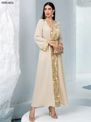 Siskakia Ramadan Dubai Elegant Embroidery Maxi Dress Belt included Moroccan V-Neck Women Evening Dresses