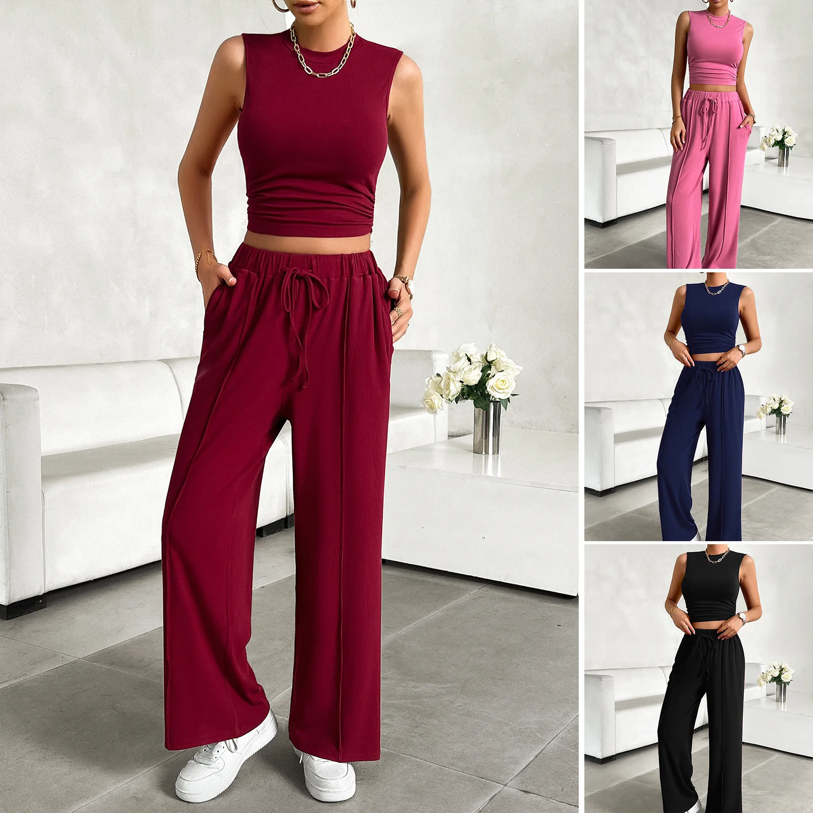

Summer 2 Piece Sets Women Outfit Solid Color O-neck Lady's Vest Drawstring Female Straight Pants Elegant 2-piece Sets For Women
