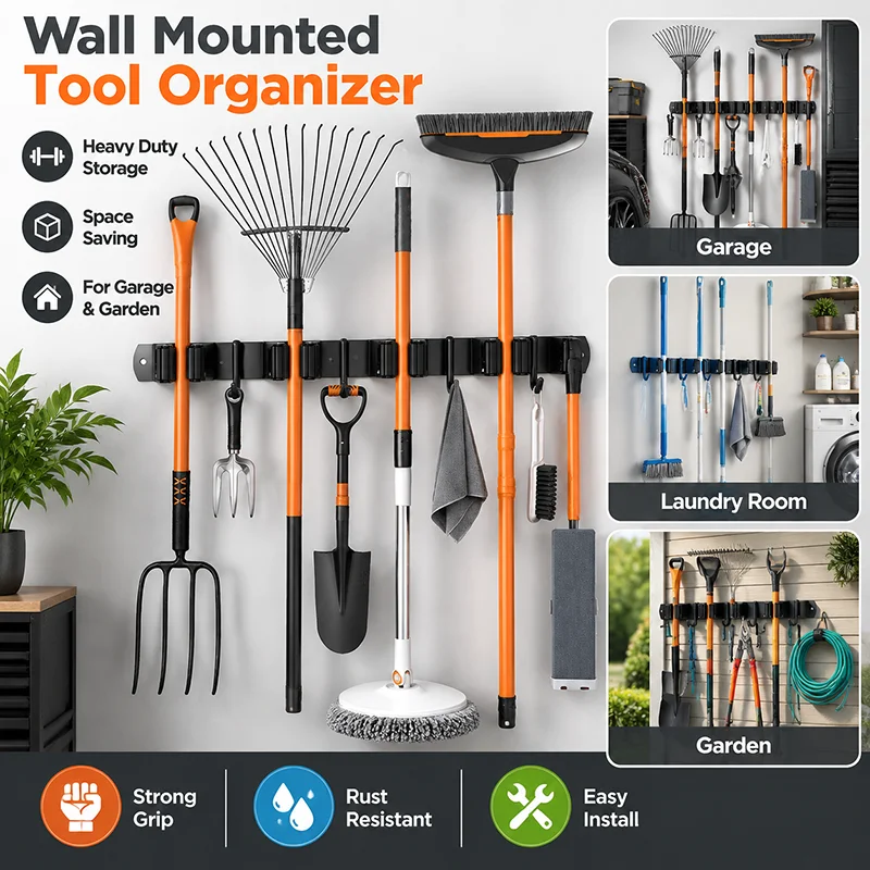 1 Robusto portautensili in metallo con 5 scomparti e 4 ganci – sistema di stoccaggio da parete per attrezzi da giardino, scope, moci e attrezzature da garage, portautensili.