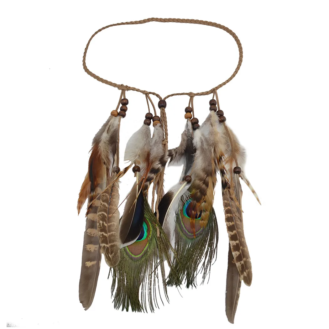 

Peacock Feather Hippie Headband Accessories Bohemia Tribal Indian Hippie Headpiece Braided Beads Headwear Festival