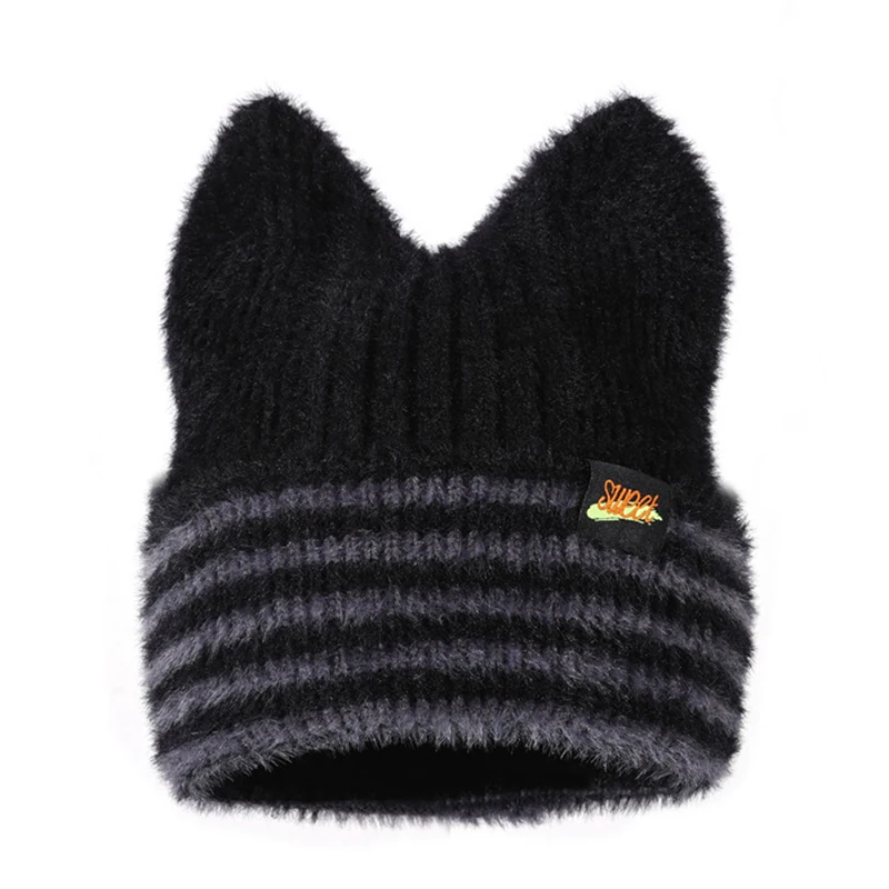 New Lovely Dandy Hat Cat Ear Beanie Hat Sweet Winter Hats For Women Street Y2K Candy Colors Stripes Warm Hats For Girl