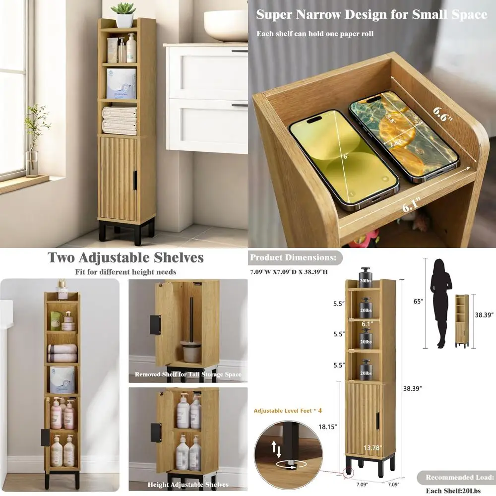 

Компактный дубовый угловой шкаф для хранения с 5 регулируемыми полками для туалетной бумаги и предметов первой необходимости в ванной комнате