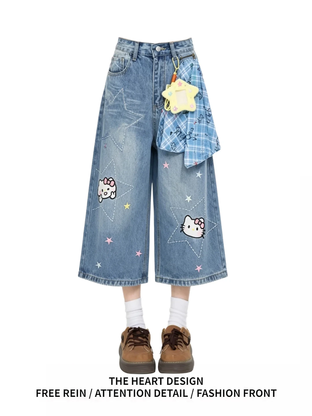 

Cute Cartoon Star Embroidery Wide Leg Jeans High Waist Zipper Closure Soft Washed Denim Casual Summer New Loose Fit Jeans