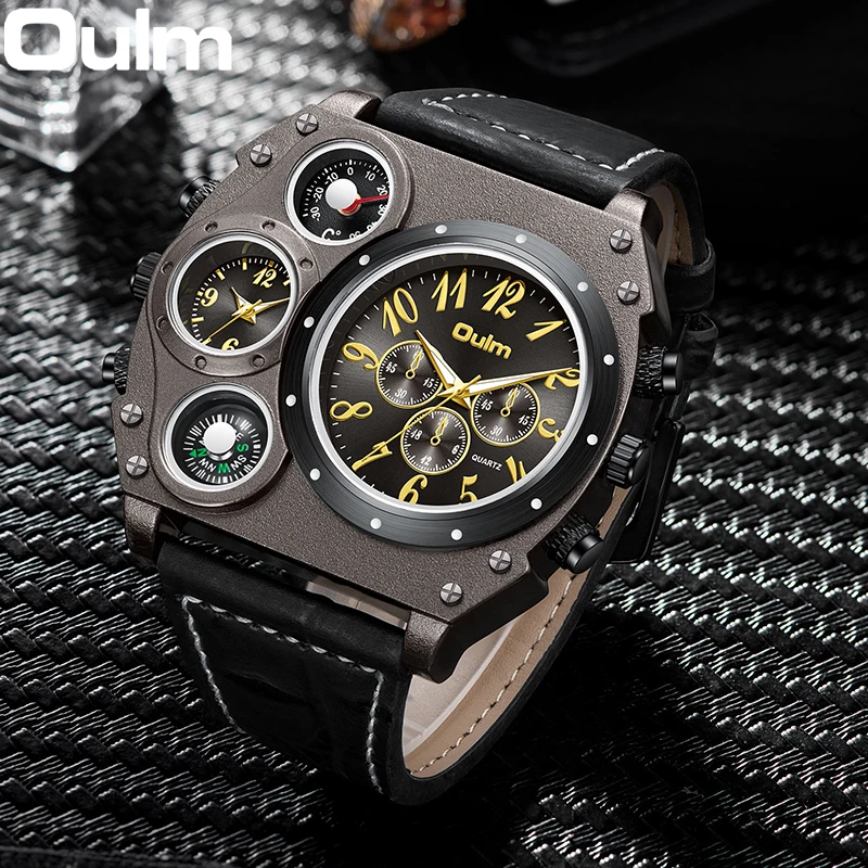 Oulm New Style Unique Designer Brand Men Sports Watch Multiple Time Zone Quartz Watch Leather Strap Mens Watch Relogio Masculino