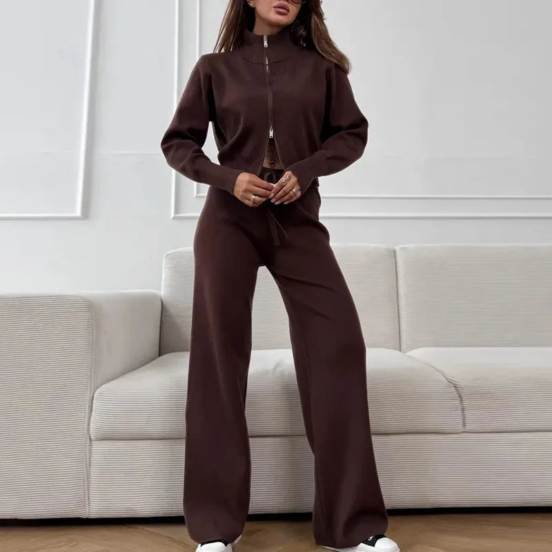 

Модная куртка и брюки на молнии с длинным рукавом, однотонный тонкий женский спортивный костюм, осенний новый женский комплект с длинными брюками для поездок на работу