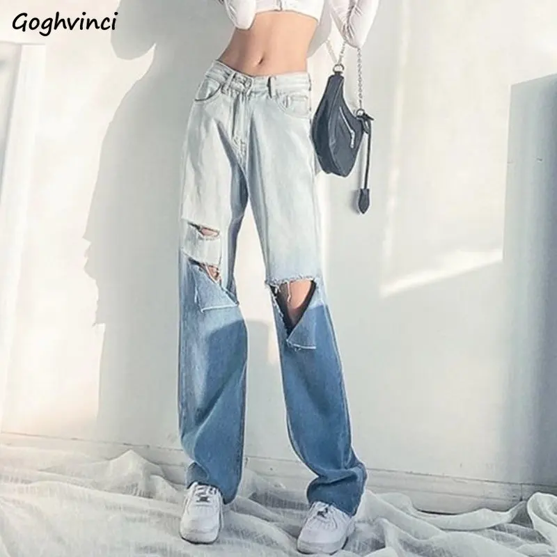 

Hole Jeans Women Loose High Street Vintage Casual Korean Style Fashion Ulzzang Simple All-match Classic College Personality Chic