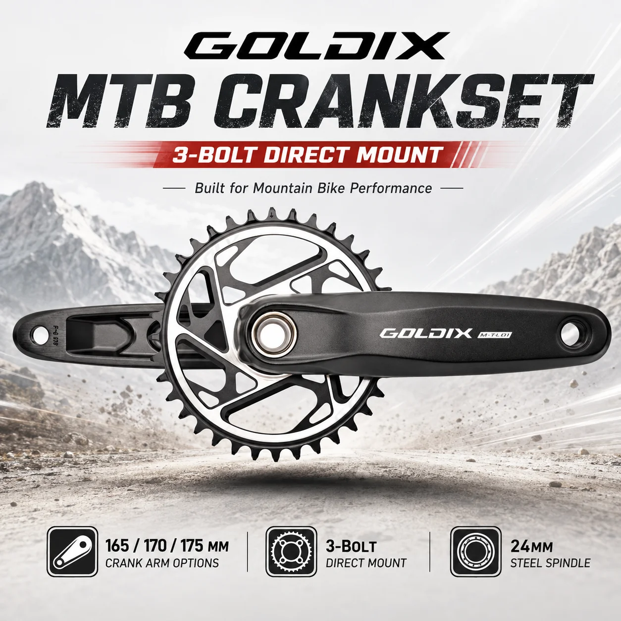 GOLDIX Hochfeste Fahrradkurbelgarnitur 165/170/175mm Geschmiedeter Legierungs-Kurbelarm 3-Bolzen-Direktmontage Schmal-Breit-Kettenblatt für MTB-Fahrrad – Detail 1