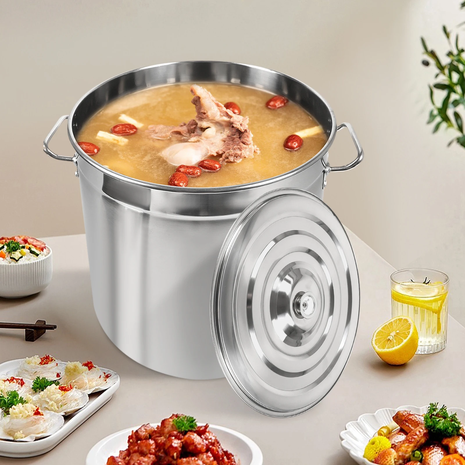 Soup Pot Stainless Steel Cooking Pot Goulash Kettle Cooking Pot Gas Stove for Electric Ceramic w/Non-slip Grooves lid