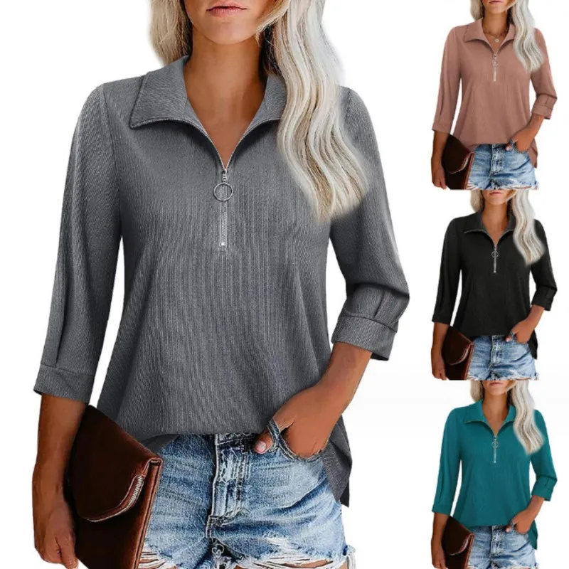 Spring 2025 New Fashion Trend 3/4 Sleeve Zipper V-neck Simple Commuting Leisure Multi Functional Temperament Aging Women's Top