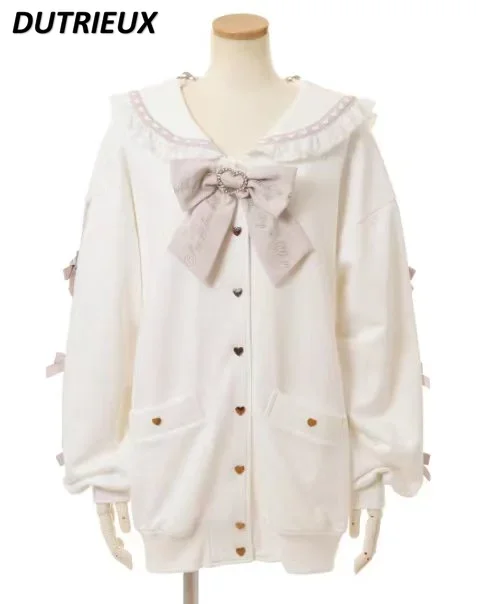 Japanese Sweatshirt Coat Women Sweet Heart Shape Rhinestone Bow Sailor Collar Bow Pink Hoodies Coat Autumn Winter Lolita Clothes