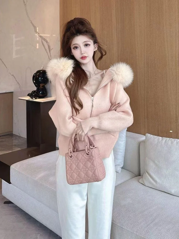 Ladies Thiened Knitted Coat with Fur Collar Spring Autumn New Faion Slimming Hooded Top Women's ort Outerwear