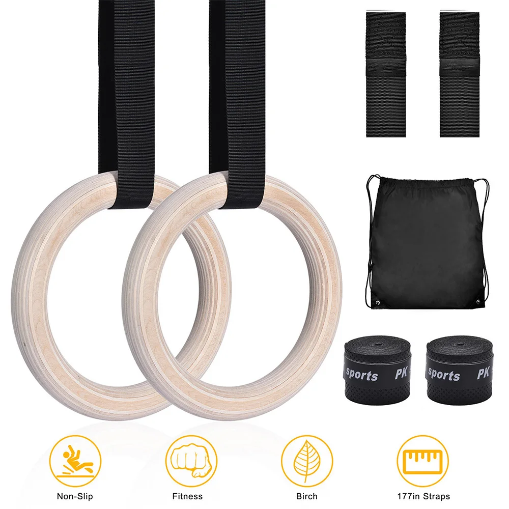 Wood Gymnastics Rings with Adjustable Straps 4Pcs Non-Slip Hand Tapes Exercise Training  for Home Gym Full Body Strength