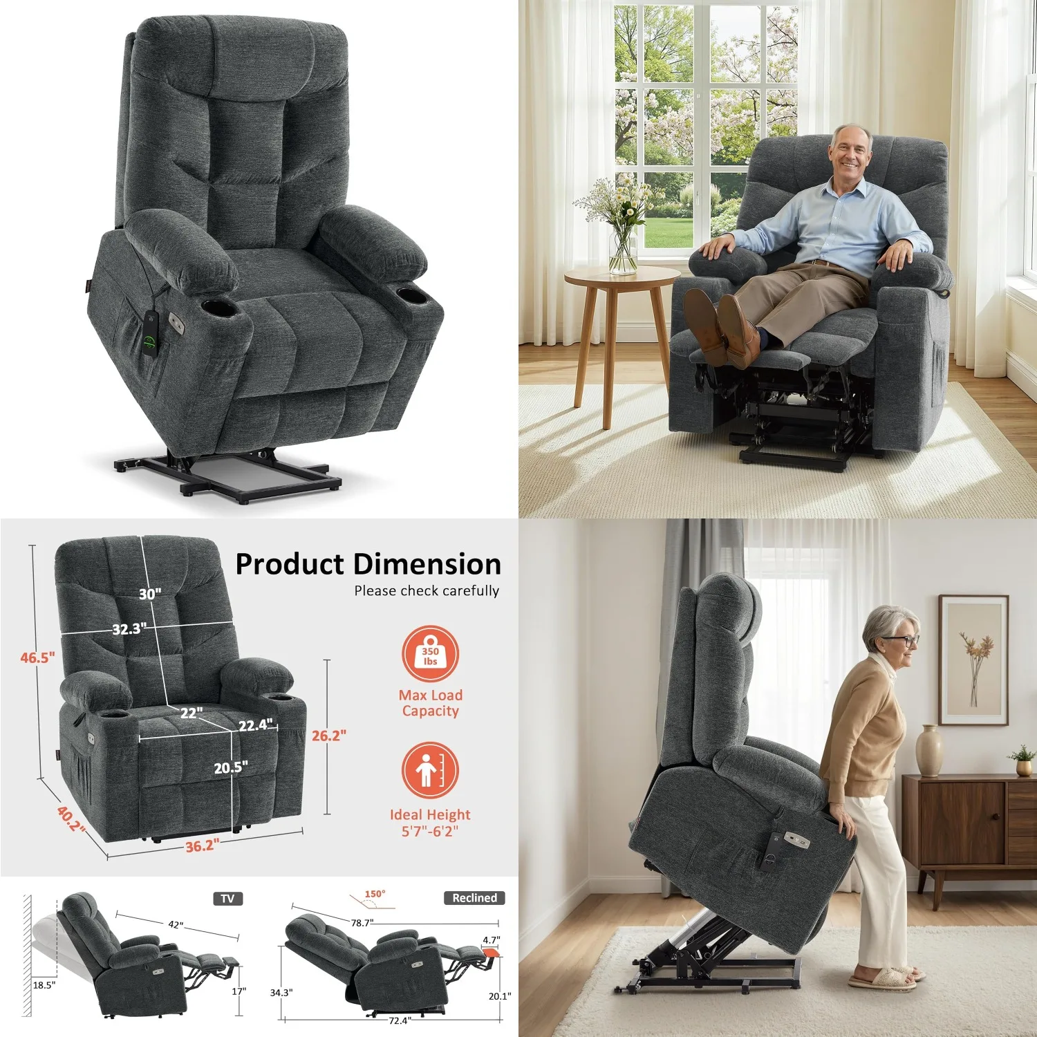 

Power Lift Recliner Chair with Extended Footrest for Elderly, Fabric Large Dark Gray, Customized