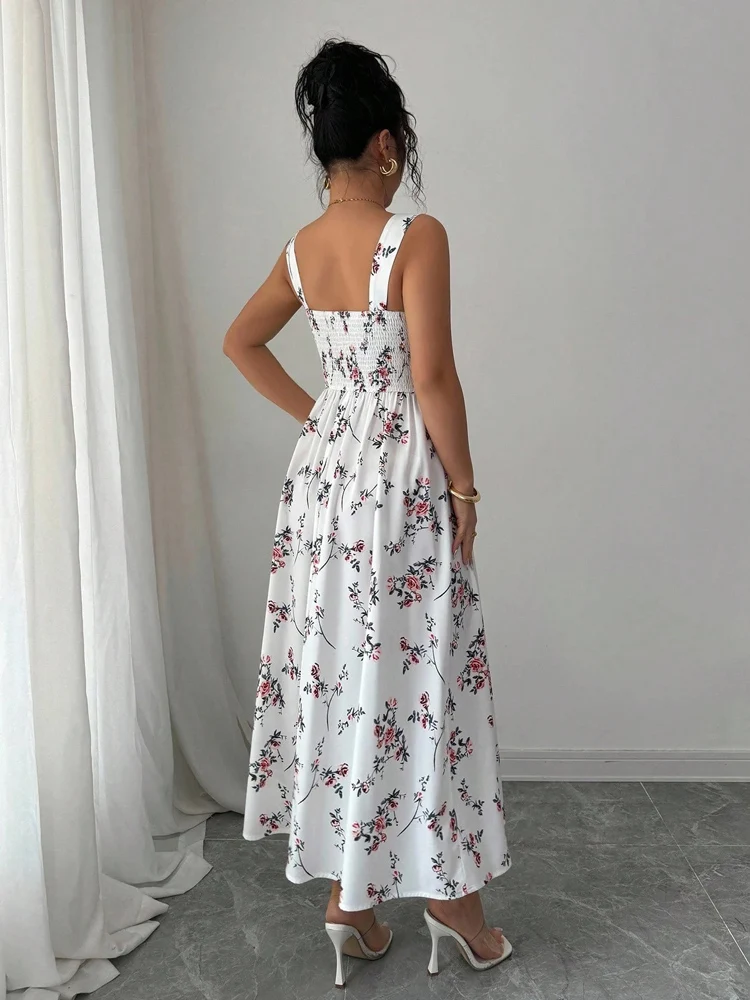 新しい夏の女性のプリントドレス、ノースリーブドレス、花柄ドレス、バックレスドレス、女性のためのエレガントなドレス、白いドレス
