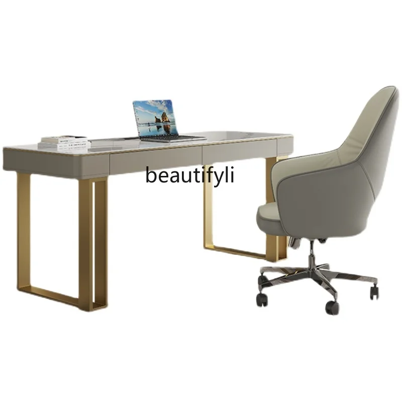 Affordable Luxury Style Stone Plate Desk Chair Combination  Simple Home Bedroom Writing Desk Italian Minimalist Computer Desk