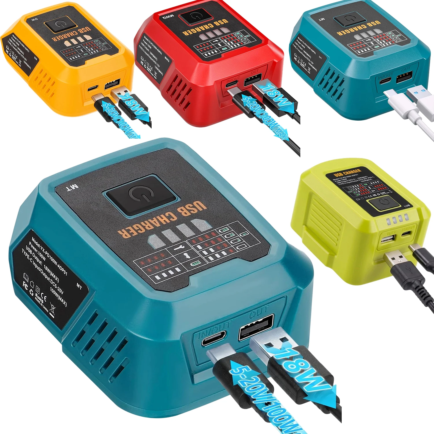 Battery Charger for Makita/Dewalt/Milwuakee/Bosch/Ryobi 18 V Battery Converter with USB Charger Type-C Port for Electronic