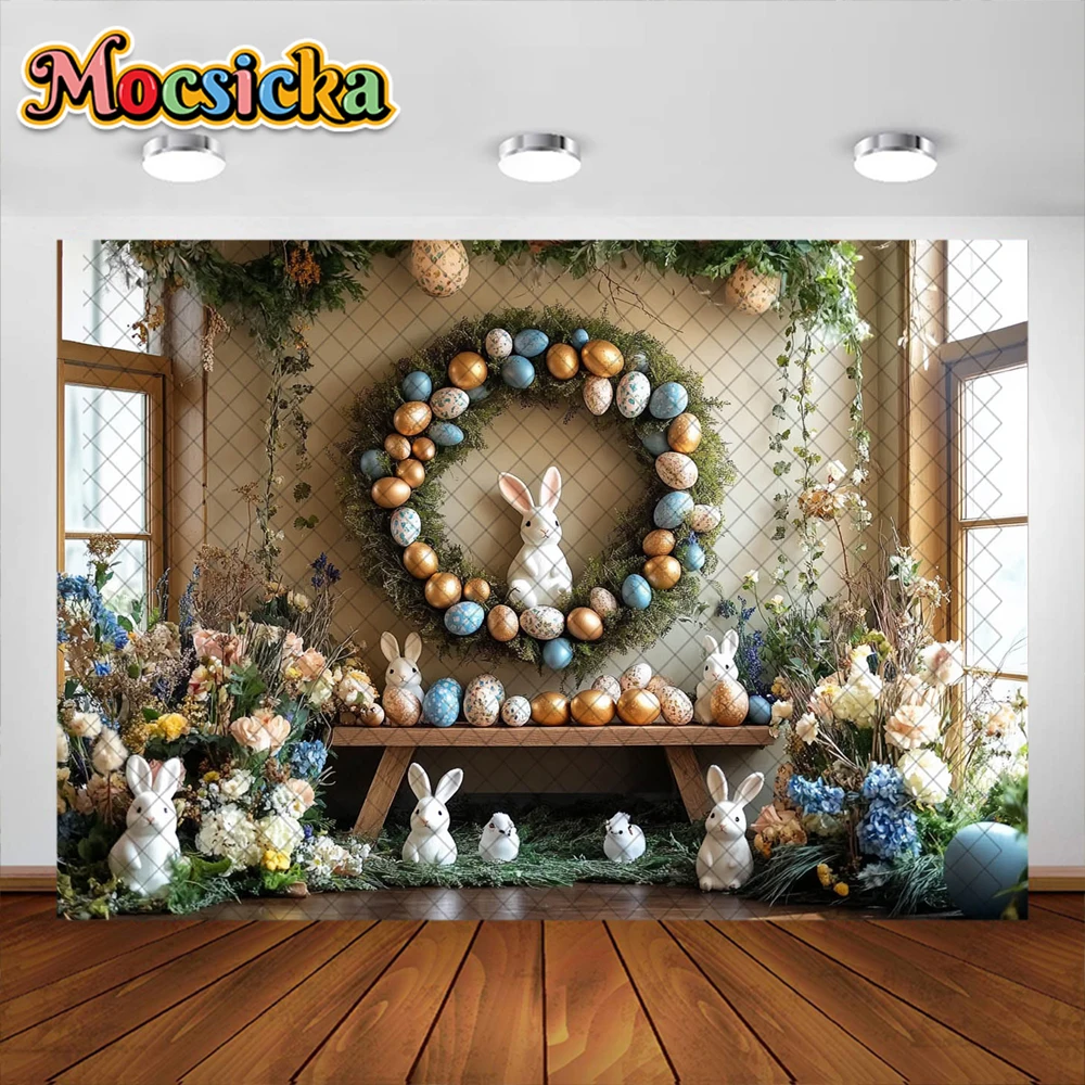 Fondo de fotografía de Pascua de primavera, guirnalda de conejito bonito, decoración de huevos, retrato de vacaciones para Baby Shower, accesorios de estudio