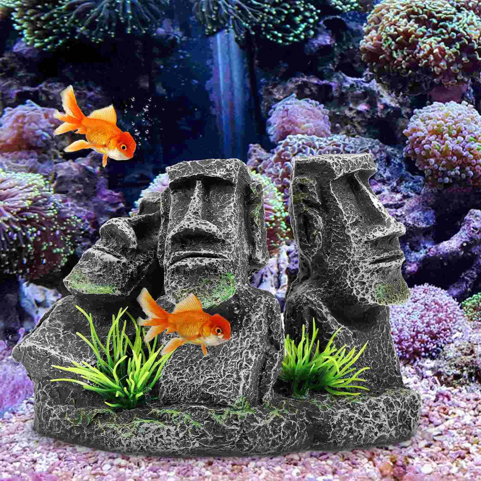 Acquario Rock Decor Statua in pietra Ornamenti Ciotola per pesci Decorazioni Moai Accessori per serbatoio