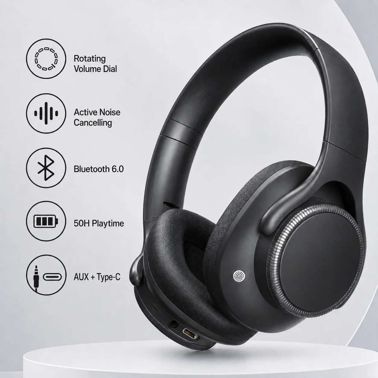 Wireless Headphones Bluetooth 6.0 ANC (Active Noise Cancelling) 40mm Drivers 50H Playtime Rotating Volume Dial Over-Ear Audio