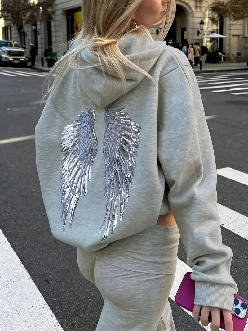 Leisure Spring and Autumn Sweater Wing Print and Hot Rhinestone Two Styles Women's Long-sleeved Pullover Hoodie