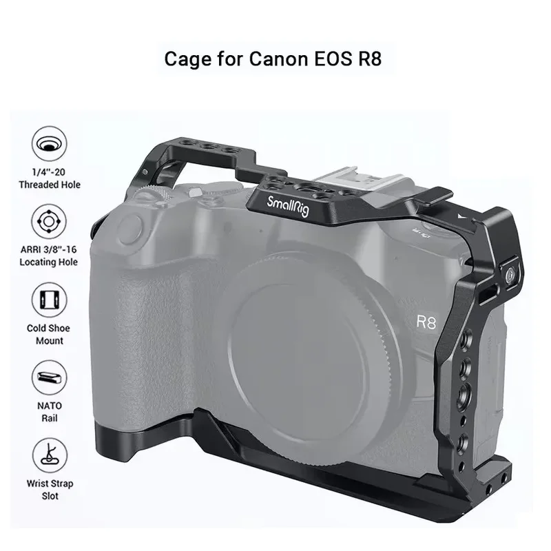 

Клетка для камеры SmallRig R8 для Canon EOS R8 с быстросъемной пластиной Arca Swiss для штатива DJI Gimbal с отверстиями для резьбы 1/4 дюйма-20 -4212