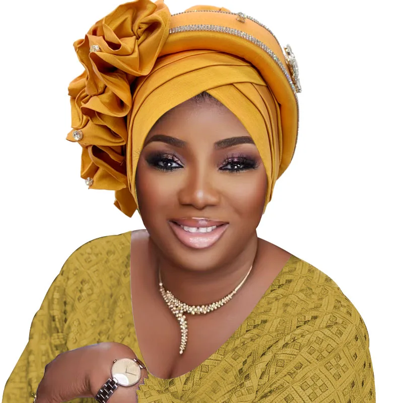 Nigeria Raw Silk Auto Gele Headtie Muslim Hat Party Headwear Turbante Ruffled Turban Cap for Women African Lady Head Wraps
