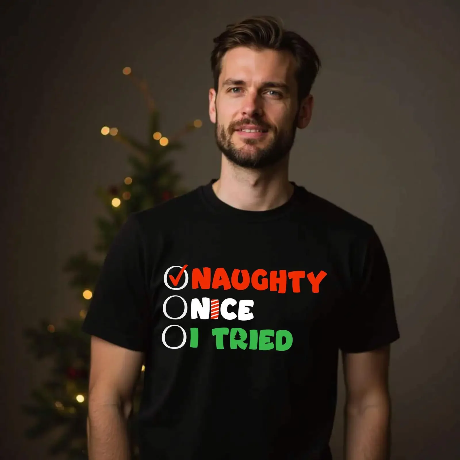 Naughty Nice I Tried Funny Sarcastic Christmas T Shirt Holiday Party Trending Xmas Top vintage Washed streetwear graphic