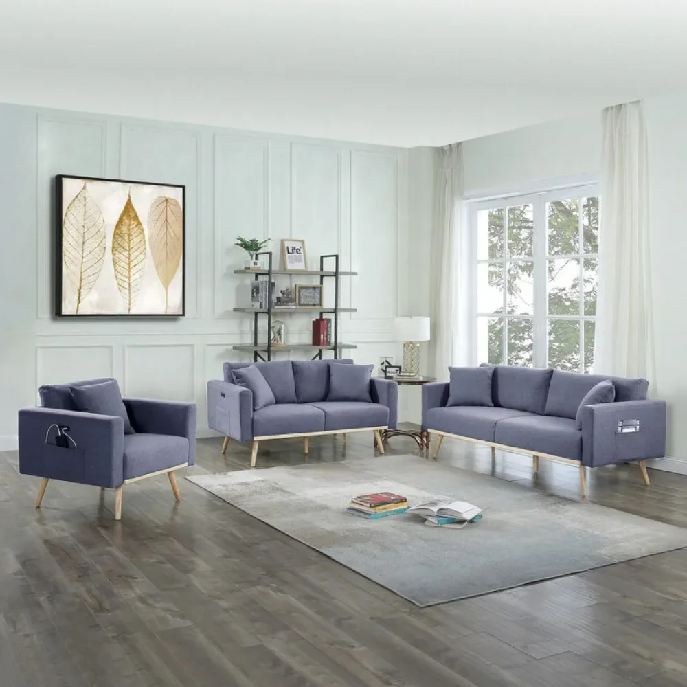 

Living Room Sofa Three Piece Set, Dark Gray Linen Fabric Sofa Loveseat Chair Living Room Set, includes Sofa, Loveseat, and Chair