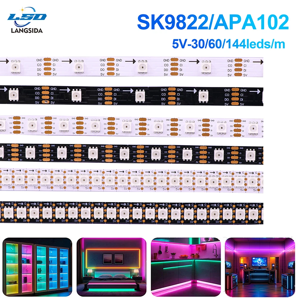 

SK9822 RGB LED Strip Similar APA102 DC5V Individually Addressable 30/60/144LEDs/m IP30/65/67 Home Gaming Decor