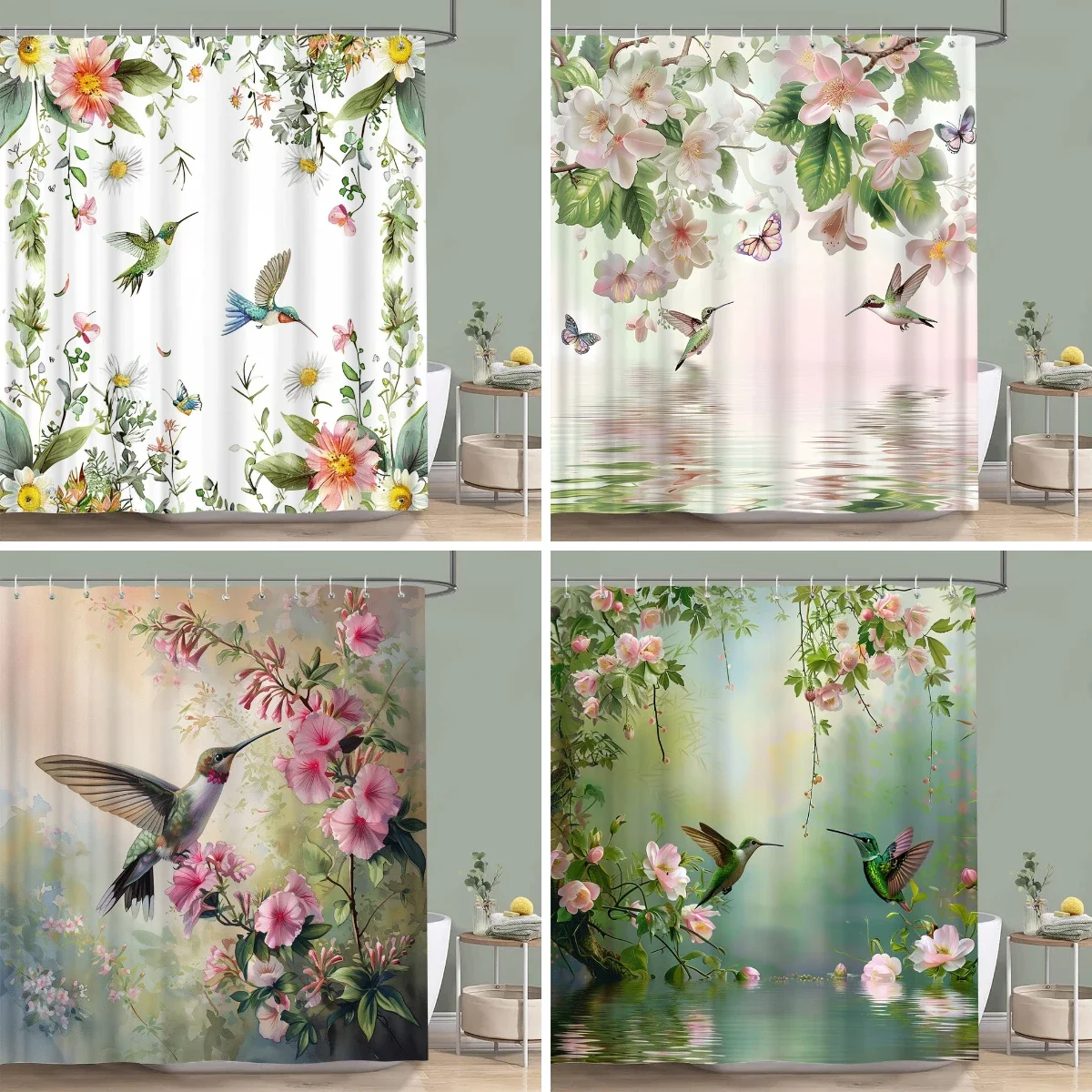 

Beautiful Hummingbird Floral Shower Curtain Butterfly Flower Botanical Watercolour Print Polyester Shower Curtain Bathroom Decor