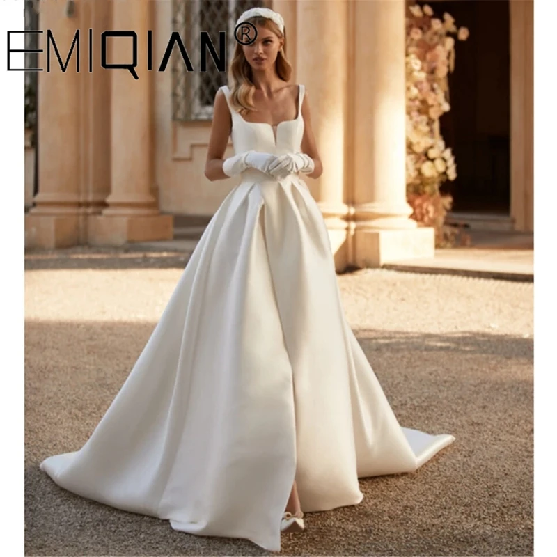 

Gorgeous Square Neckline Front Slit Bridal Gowns Covered Button A-line Ivory Satin Wedding Dresses