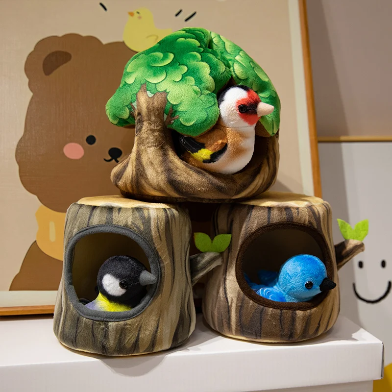 Lovely Little Bird Hiding Tree Hole Dolls 10-15cm Funny Bird with Tree Stump Plush Toys Nice Home Decoration Birthday Xmas Gift