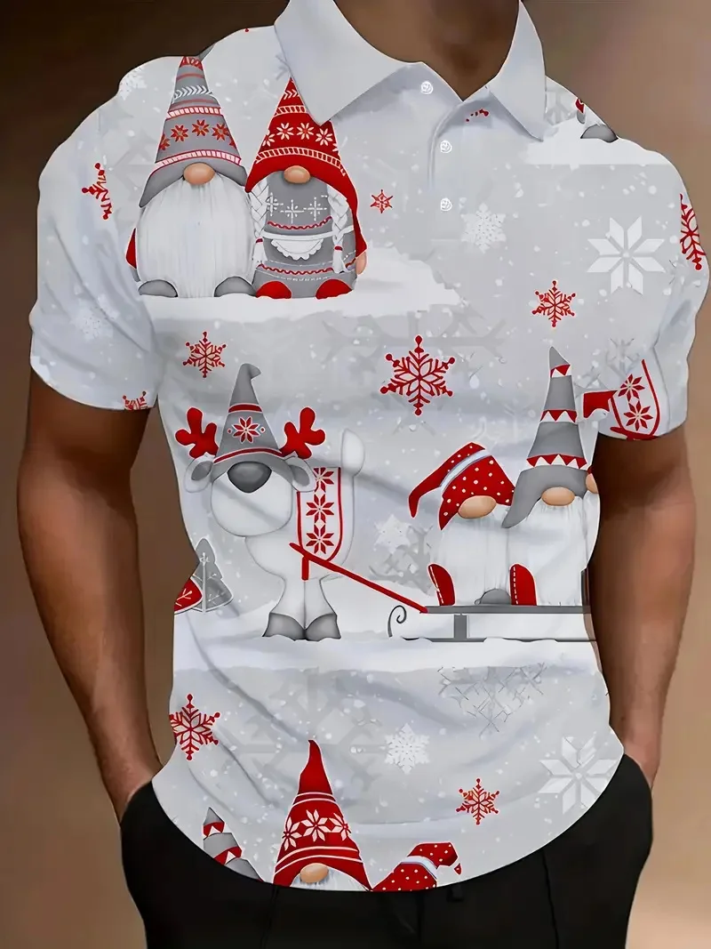 

Christmas Theme Short Sleeve Polo Shirts For Men Fashion Creative Animal Graphic Button Lapel Top Loose Casual Comfortable Shirt