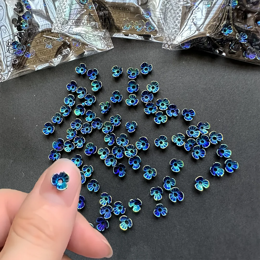 100pcs Blue Aurora 3 Petal Flowers Nail Art Decoration Summer 3D Acrylic Flower Rhinestone Nail Art Charms Jewelry Accessories