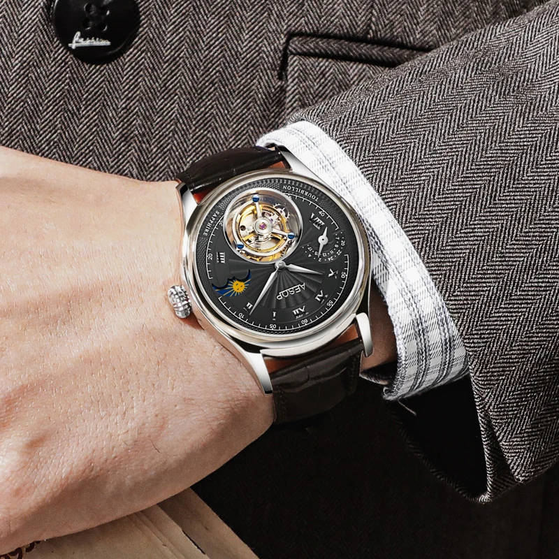 AESOP（manual 7027G）Men Tourbillon Moonphase Watch, Multifunctional Skeleton Mechanical, Sapphire Mirror, Genuine Leather Strap