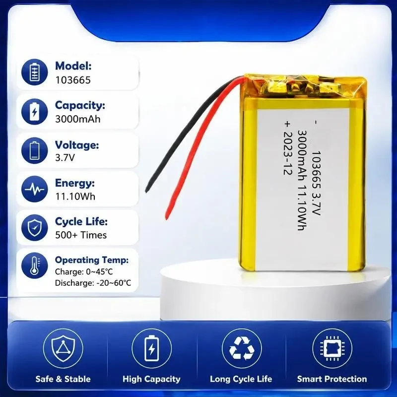 [New] 100pcs 103665 polymer lithium battery 3000mAh game console, children's toys, hand warmer 3.7V rechargeable power