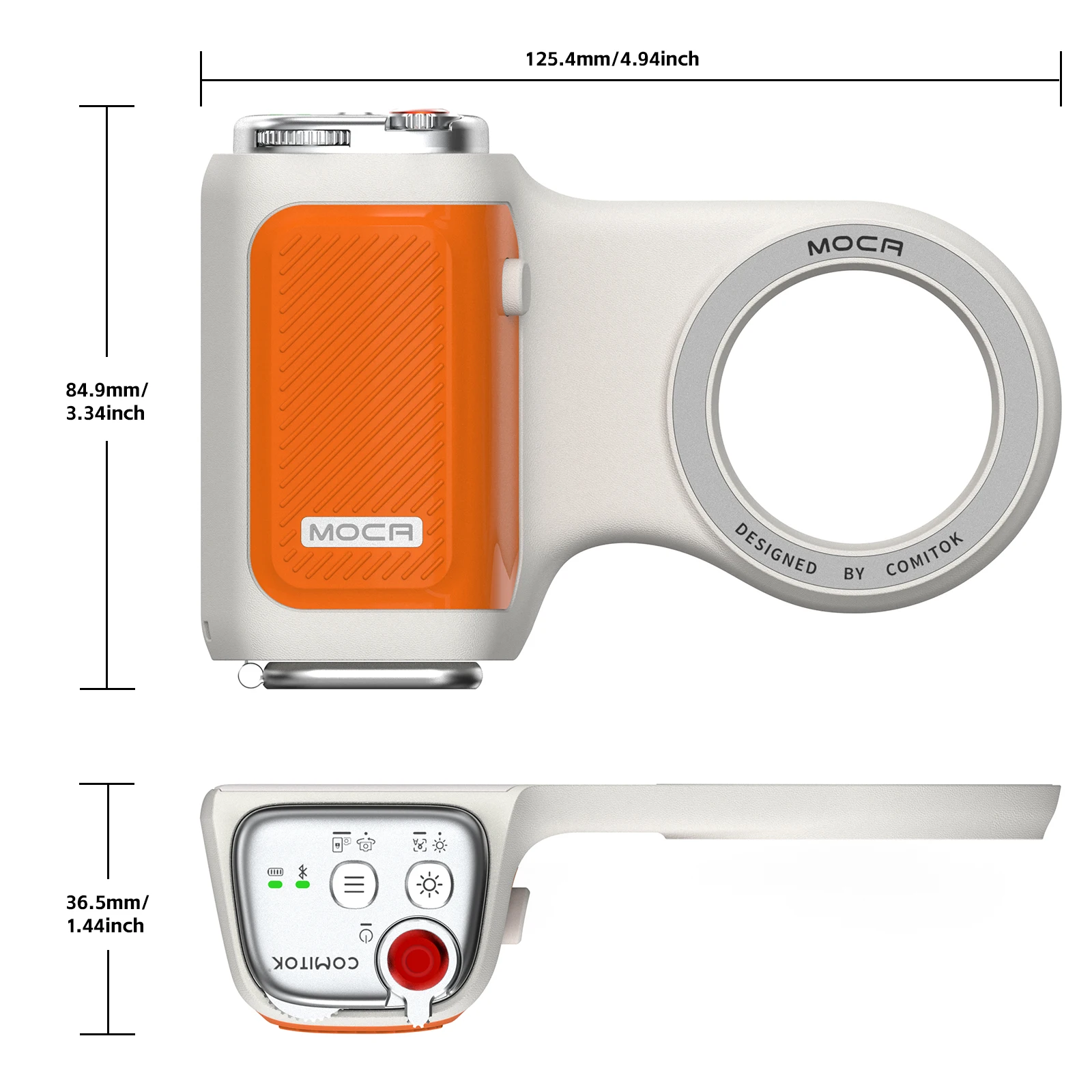 مساعد كاميرا iPhone COMITOK MOCA، قبضة مصراع قابلة للطي بعدسة نقرة واحدة/جهاز تحكم عن بعد للشحن قابل للفصل + ضوء ملء اختياري/مرآة