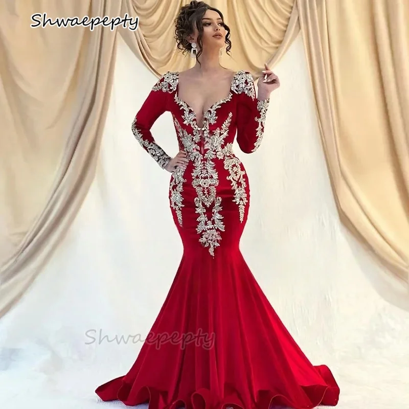 

Elegant Mermaid Evening Dress Long Sleeves V-neck Gold Lace Appliques Formal Occasion Gown Customized Prom Celebrity Wear 2025