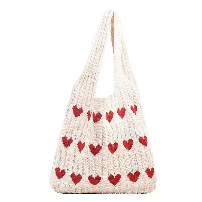 Women's Cute Knitted Love Tote Bag 2024 Spring and Summer Valentine's Day Gift Simple Handwoven Bag French Designer Wholesale