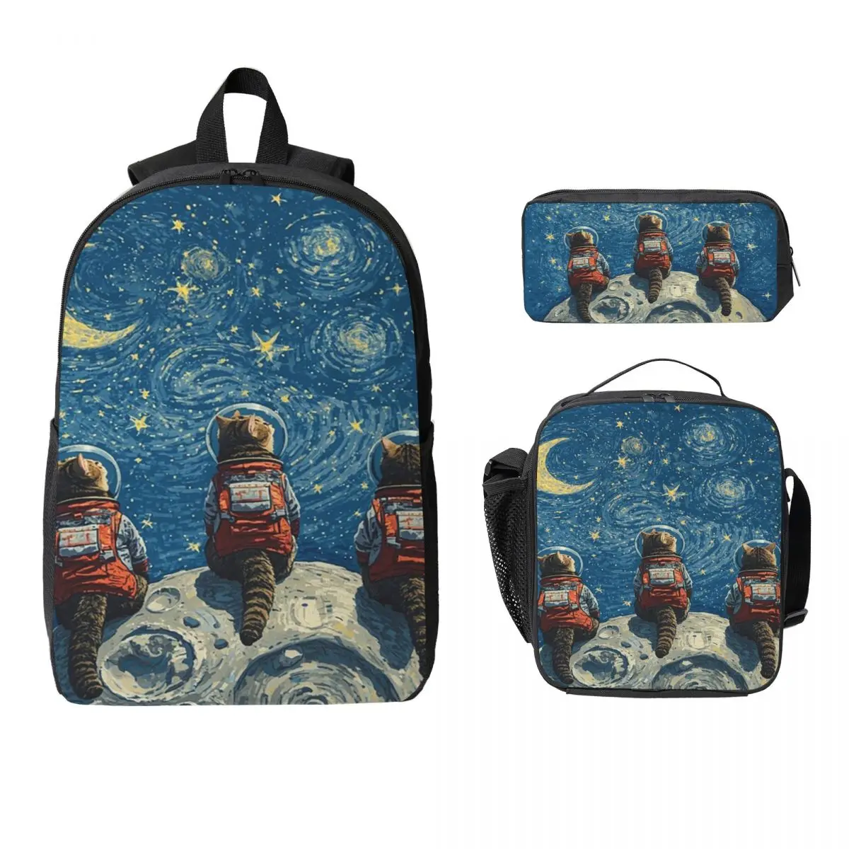 Cats Watching The Night View Of The Moon Backpack Student BookBag School Bag Computer Shoulder Bags 3ps Lunch Bag Pencil Case