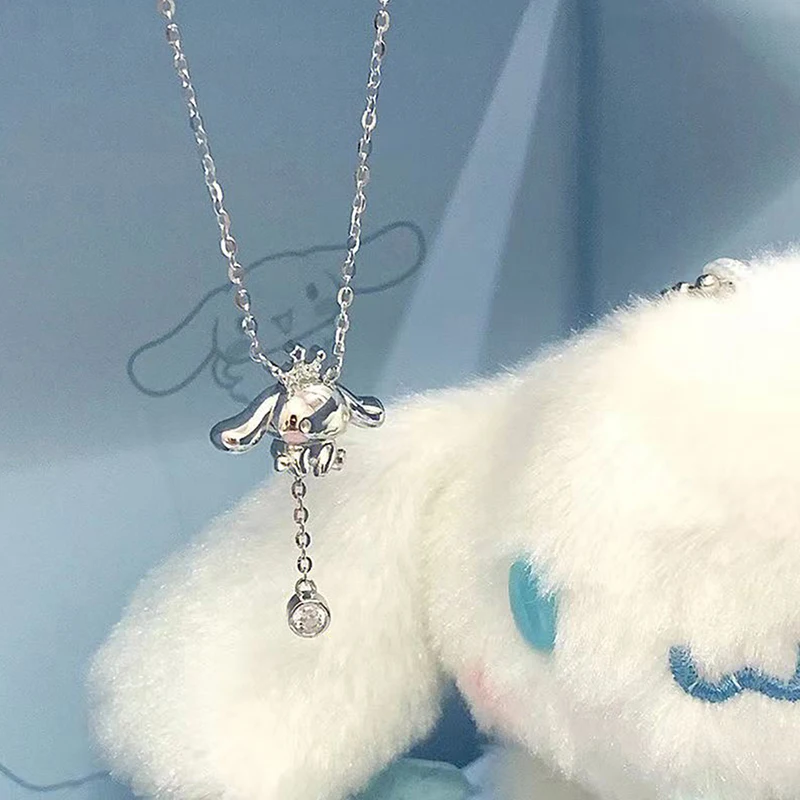 Cute Sanrio Cartoon Cinnamoroll Tassel Necklace Kawaii Women Ornaments Rhinestone Pendant Silver Jewelry Gifts For Friends