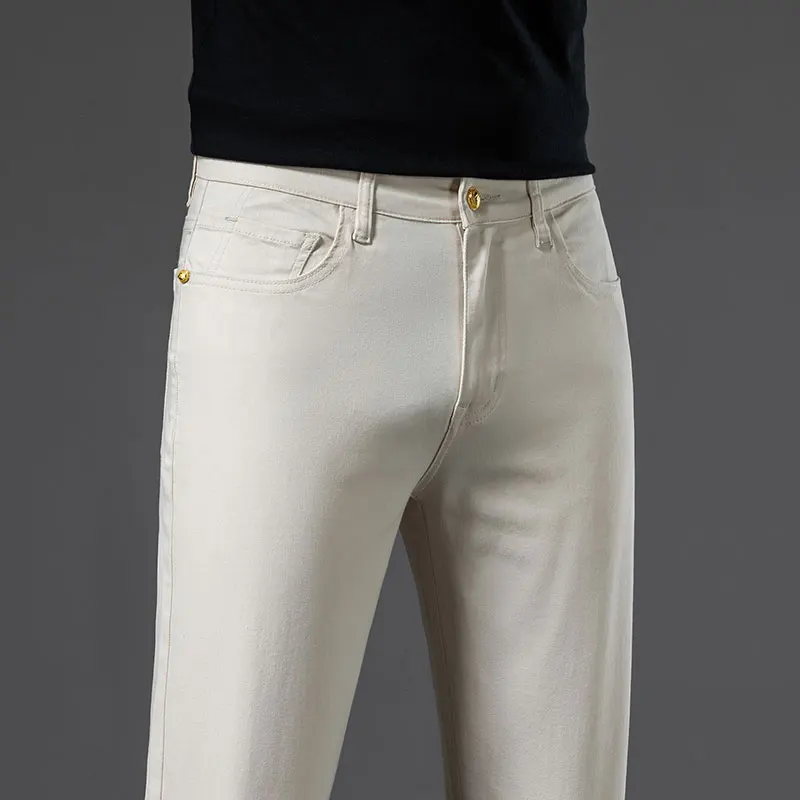 2024 New High-End White Jeans Men's Straight Loose Fashion Brand Stretch Casual Cotton Slim Fit Business Trousers