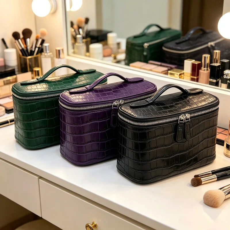 

CLAREGQI Women's Crocodile Embossed Leather Cosmetic Bag Large Capacity Portable Waterproof Travel Makeup Organizer Toiletry Ca