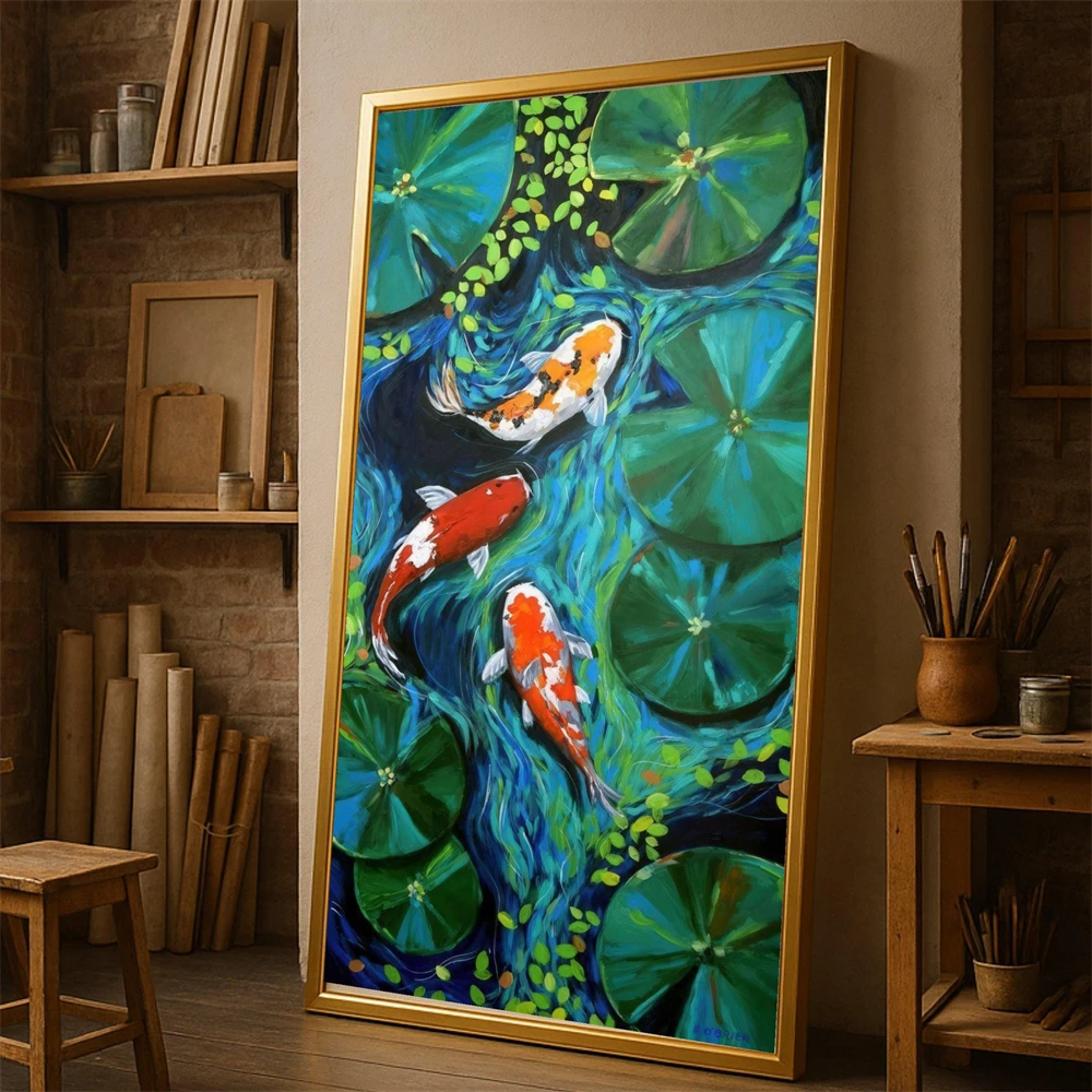 1pc frameless Canvas Painting Vibrant Koi Fish Pond Canvas Painting Watercolor Koi and Lily Pads Serene Nature Wall Art Print Tr